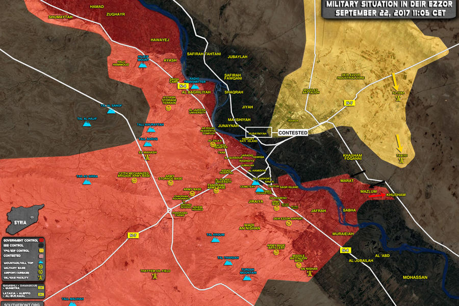 Prov. de Deir Ezzor / Septiembre 22, 2017 – Avance leal al sudeste y noroeste de la ciudad y avance kurdo desde el banco noreste del Éufrates - (Mapa SouthFront).  