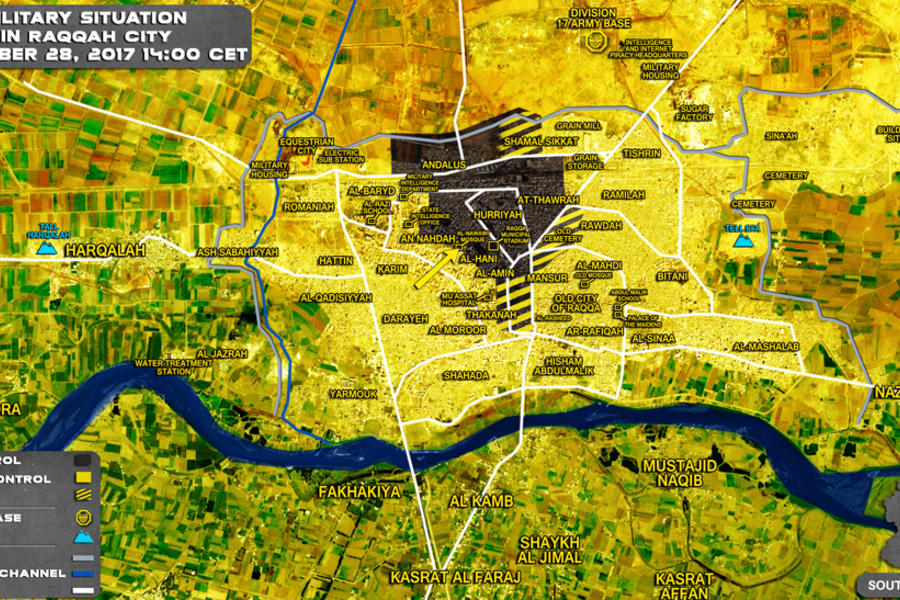 Ciudad de Raqqa (Prov. de Raqqa) / Septiembre 28, 2017 - Avance de kurdos YPG/SDF sobre DAESH – (Mapa SouthFront).