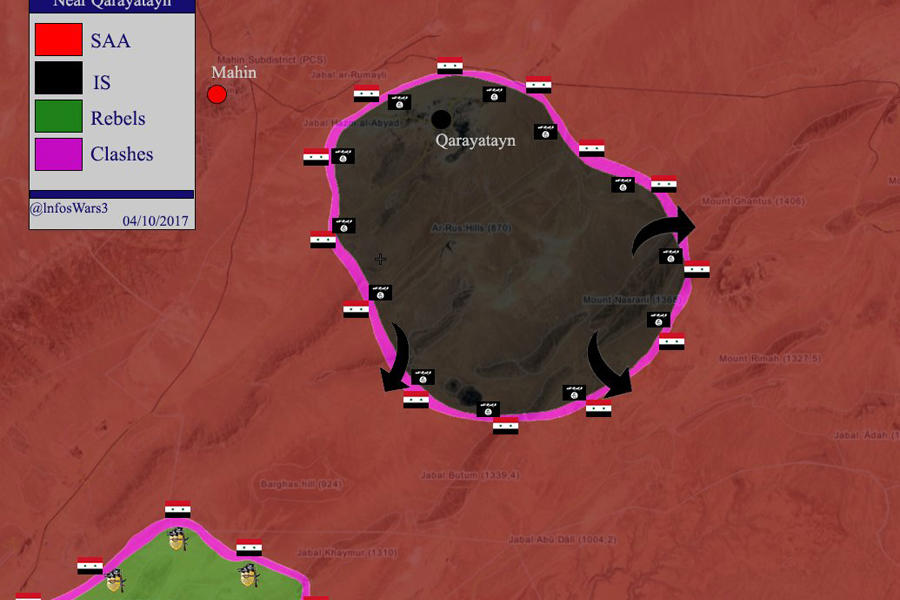 Prov. de Homs | Octubre 4, 2017 – Situación en ciudad de Qaryatayn (Mapa @InfoWars3).