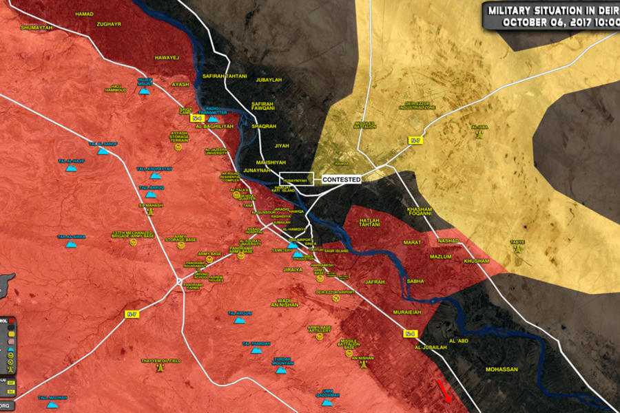Prov. de Deir Ezzor | Octubre 6, 2017 – Avance leal al sudeste y noroeste de la ciudad y avance kurdo desde el banco noreste del Éufrates - (Mapa SouthFront).  
