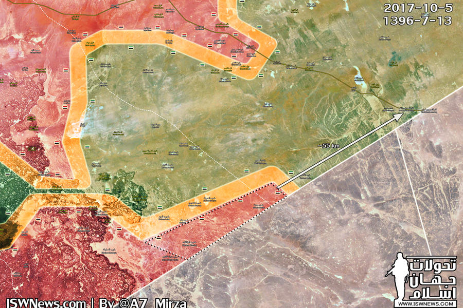 Sudeste de Siria | Octubre 5, 2017 – Avance leal asegurando la frontera con Jordania (Mapa @A7_Mirza).
