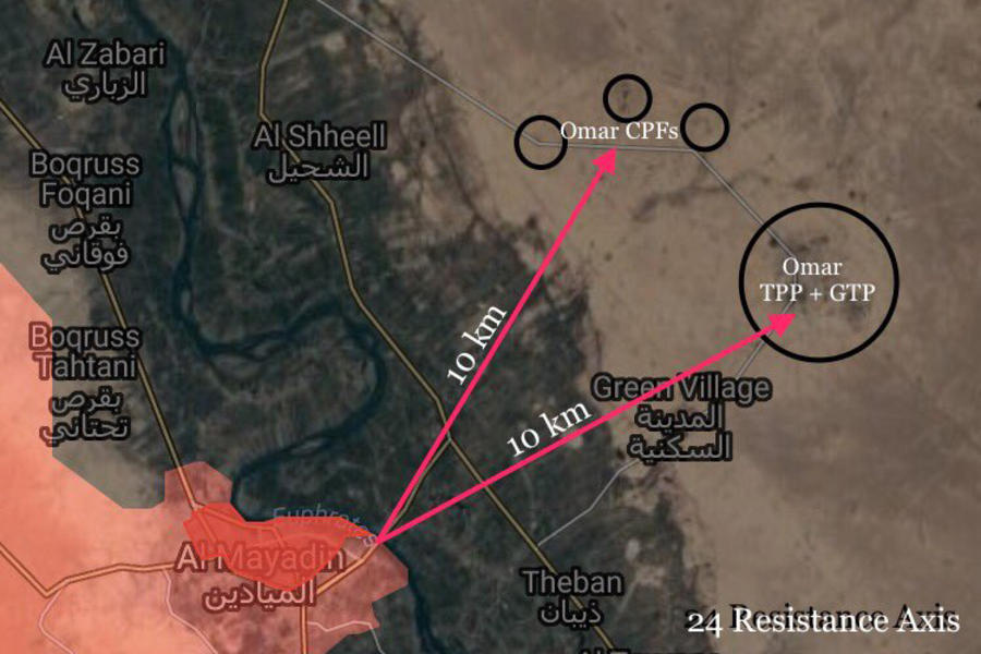 Ciudad de Mayadin - Prov. de Deir Ezzor | Octubre 14, 2017 – Distancia a los campos petrolíferos Omar, en la ribera este del Éufrates - (Mapa 24ResistanceAxis).  