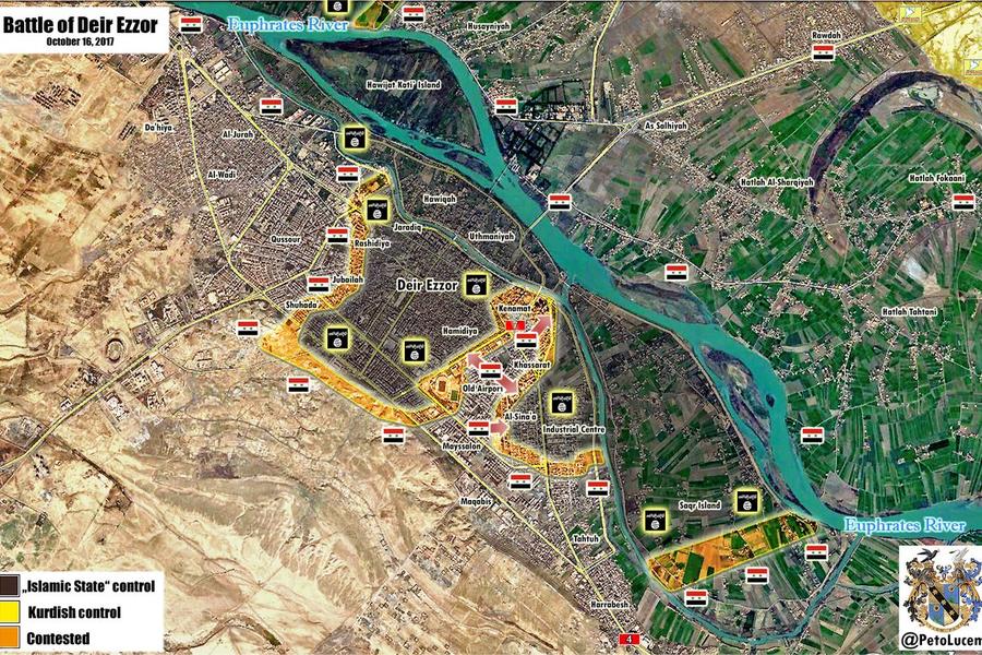 Ciudad de Deir Ezzor | Octubre 16, 2017 – Las tropas del EAS dividen en dos el cantón de terroristas cercados en el centro norte de la ciudad - (Mapa @PetoLucem).  