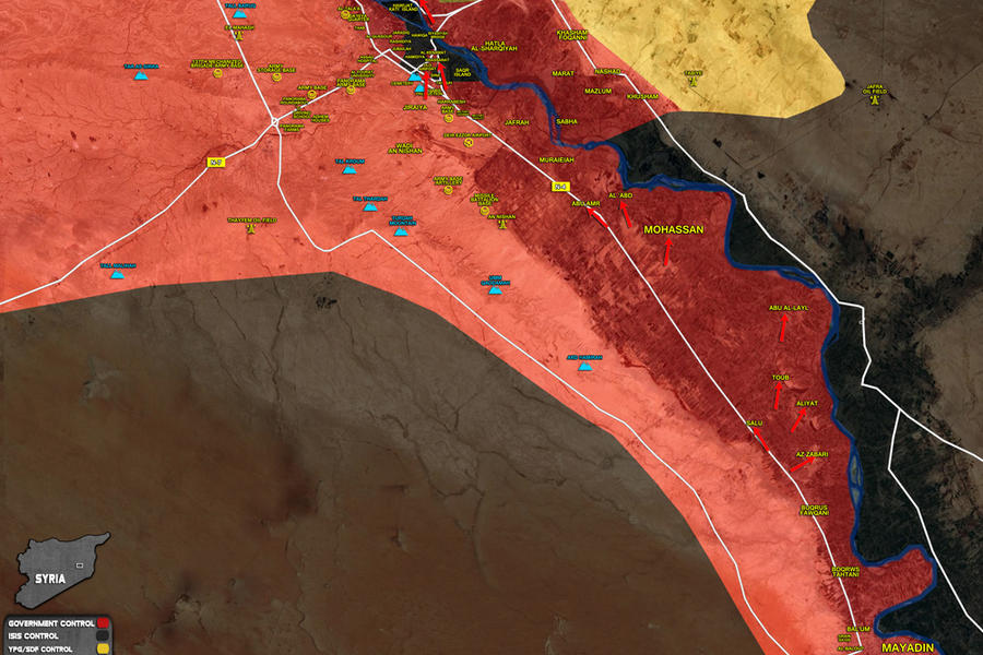 Prov. de Deir Ezzor | Octubre 17, 2017 – Avance leal despejando toda el área entre Mayadin y Deir Ezzor, en la ribera oeste del Éufrates - (Mapa SouthFront).  