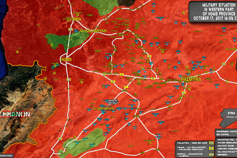 Provincia de Hama / Homs |  Octubre 17, 2017 – Situación general al este de ambas provincias tras la finalización del cantón al este de Salamiyah - (Mapa SouthFront). 