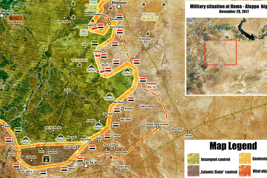 Provincias de Hama (Noreste) / Alepo (Sudoeste)  |  Noviembre 28, 2017 – Avances logrados por el EAS al sur del cantón de Idleb - (Mapa @PetoLucem). 