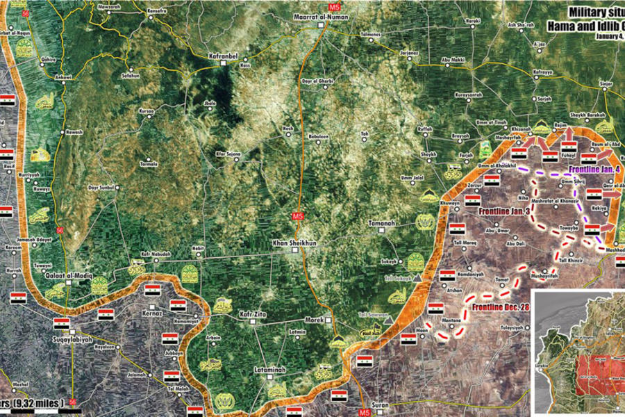 Cantón de Idleb (Sur) lindante con provincias de Hama y Alepo |  Enero 4, 2018 – Detalle - (Mapa @PetoLucem). 