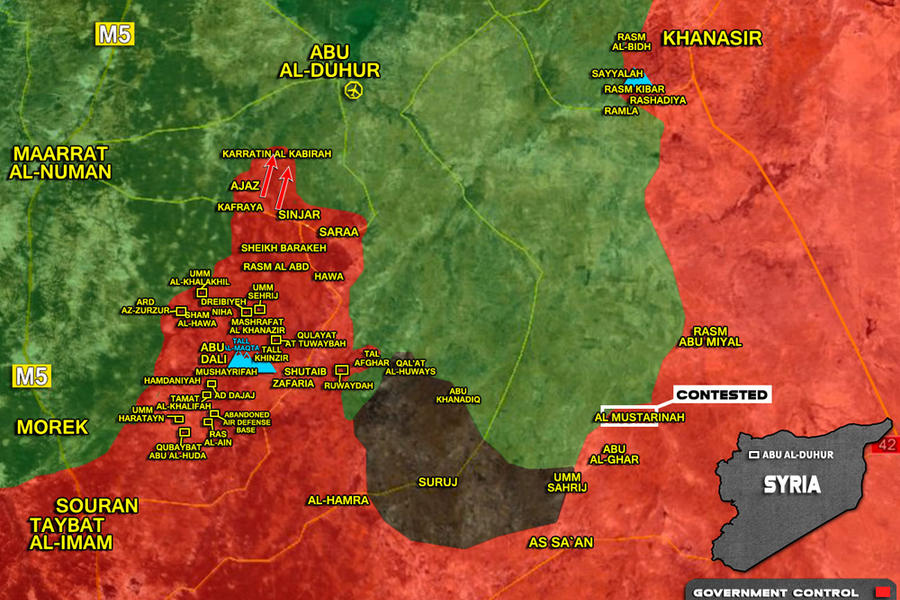 Cantón de Idleb (Sur)  |  Enero 8, 2018 – Liberación de Sinyar en la operación hacia Abu Al Duhur - (Mapa SouthFront). 