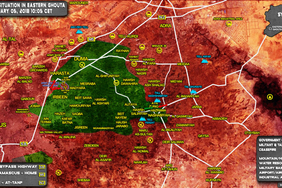 Provincia de Damasco |  Enero 5, 2018 – Situación en el cantón terrorista de Ghouta Oriental (Mapa SouthFront).  