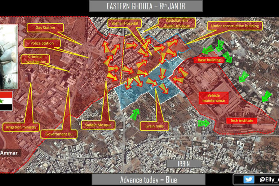 Provincia de Damasco |  Enero 8, 2018 – Situación tras el quiebre del cerco en Base de Vehículos Armados de Harasa, cantón terrorista de Ghouta Oriental (Mapa @Elly_Ammar).  