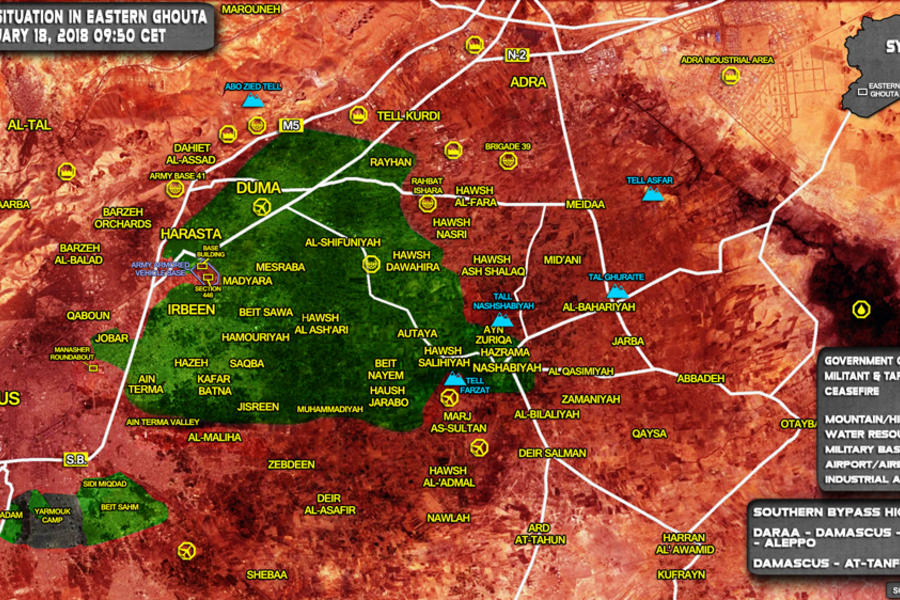 Provincia de Damasco |  Enero 18, 2018 – Situación en el cantón terrorista de Ghouta Oriental (Mapa SouthFront).  