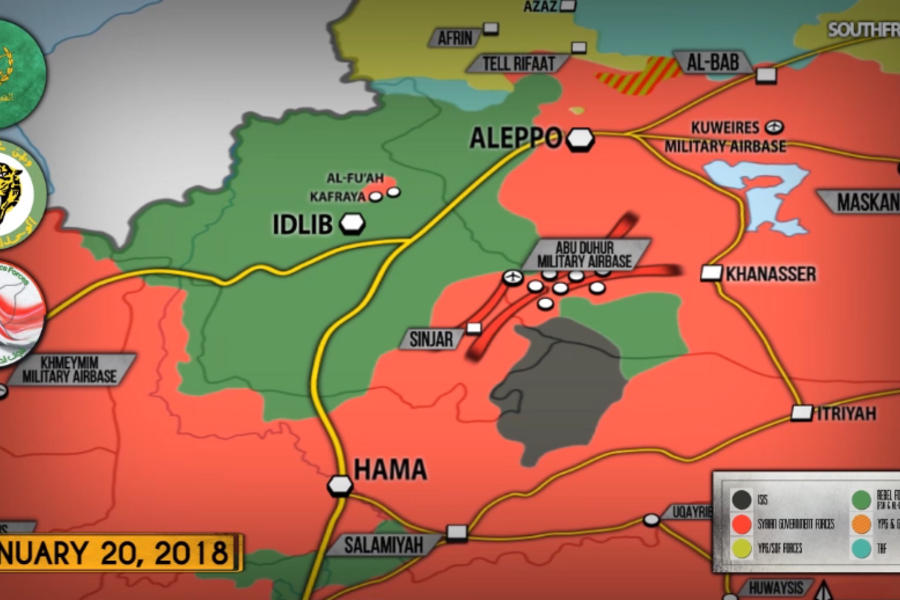 Cantón de Idleb (Sur) lindante con provincias de Hama y Alepo |  Enero 20, 2018 – Liberación de Base Aérea de Abu Al Duhur y localidades al noreste de la misma - (Mapa SouthFront). 