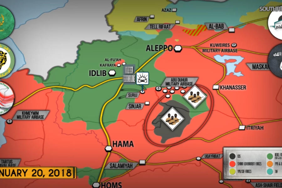 Cantón de Idleb (Sur) lindante con provincias de Hama y Alepo |  Enero 20, 2018 – Liberación de Base Aérea de Abu Al Duhur y creación de nuevo cantón terrorista - (Mapa SouthFront). 