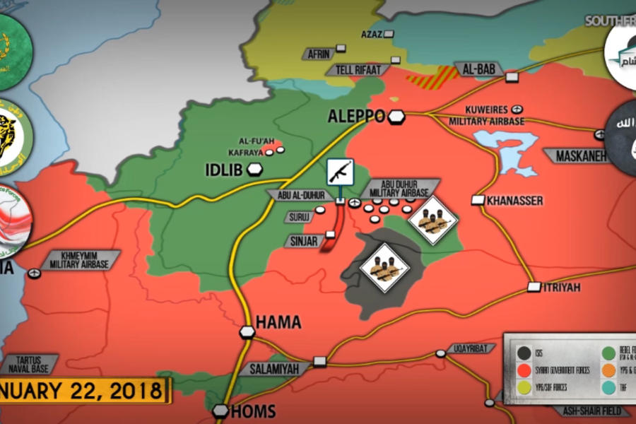 Cantón de Idleb (Sur) lindante con provincias de Hama y Alepo |  Enero 22, 2018 – Liberación de localidad de Abu Al Duhur - (Mapa SouthFront). 