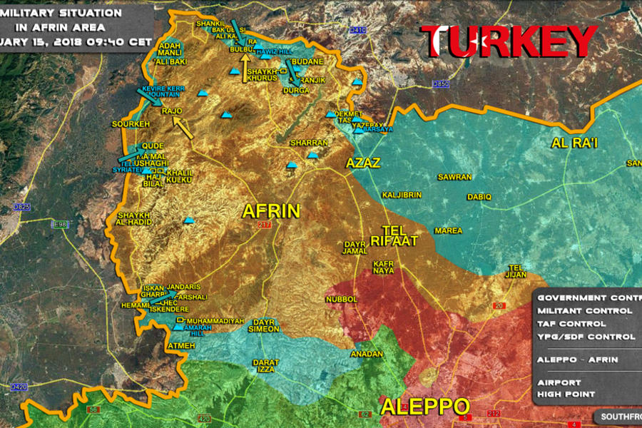 Provincia de Alepo - Afrín |  Febrero 15, 2018 – Situación bélica en el cantón de Afrín en medio de la invasión de Turquía y sus agentes en Siria - (Mapa: SouthFront). 