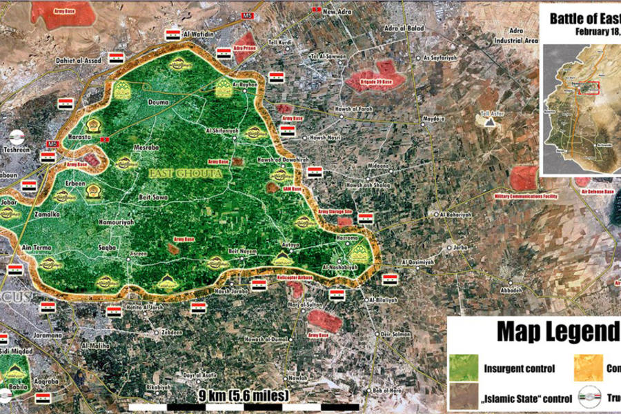 Provincia de Damasco |  Febrero 18, 2018 – Situación en el cantón terrorista de Ghouta Oriental (Mapa @PetoLucem). 