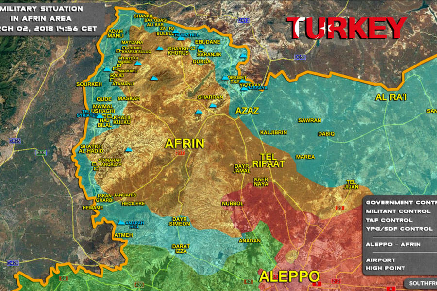 Provincia de Alepo - Afrín |  Marzo 2, 2018 – Situación bélica en el cantón de Afrín en medio de la invasión de Turquía y sus agentes en Siria - (Mapa: SouthFront). 