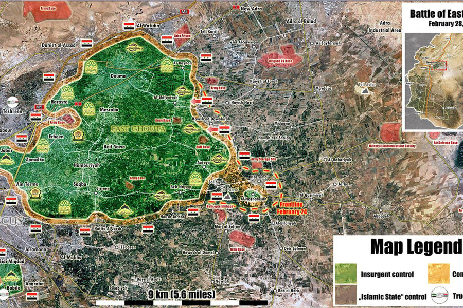 Provincia de Damasco |  Febrero 28, 2018 – Situación en el cantón terrorista de Ghouta Oriental (Mapa: @PetoLucem). 