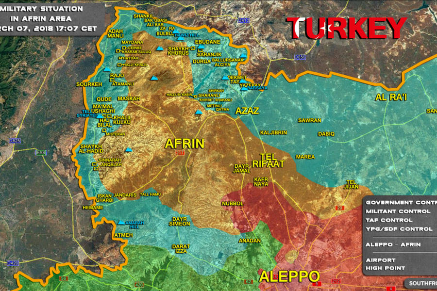 Provincia de Alepo - Afrín |  Marzo 7, 2018 – Situación bélica en el cantón de Afrín en medio de la invasión de Turquía y sus agentes en Siria - (Mapa: SouthFront).