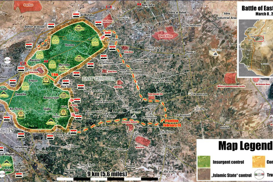 Provincia de Damasco |  Marzo 8, 2018 – Situación en el cantón terrorista de Ghouta Oriental (Mapa: @PetoLucem). 