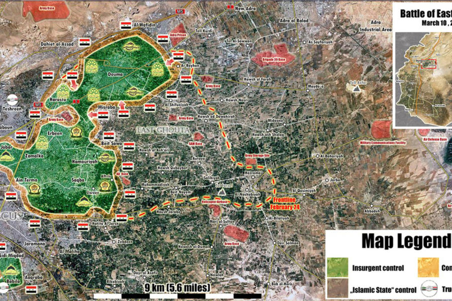 Provincia de Damasco |  Marzo 10, 2017 – Avance sirio en el cantón terrorista de Ghouta Occidental (Mapa: @PetoLucem). 