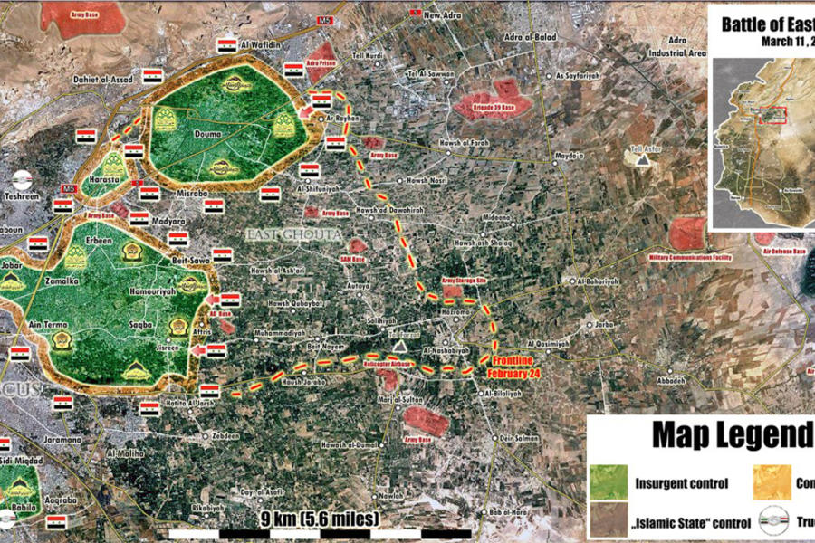 Provincia de Damasco |  Marzo 11, 2017 – Avance sirio en el cantón terrorista de Ghouta Occidental (Mapa: @PetoLucem). 