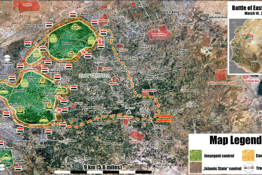 Provincia de Damasco |  Marzo 14, 2017 – Avance sirio en el cantón terrorista de Ghouta Occidental (Mapa: @PetoLucem). 