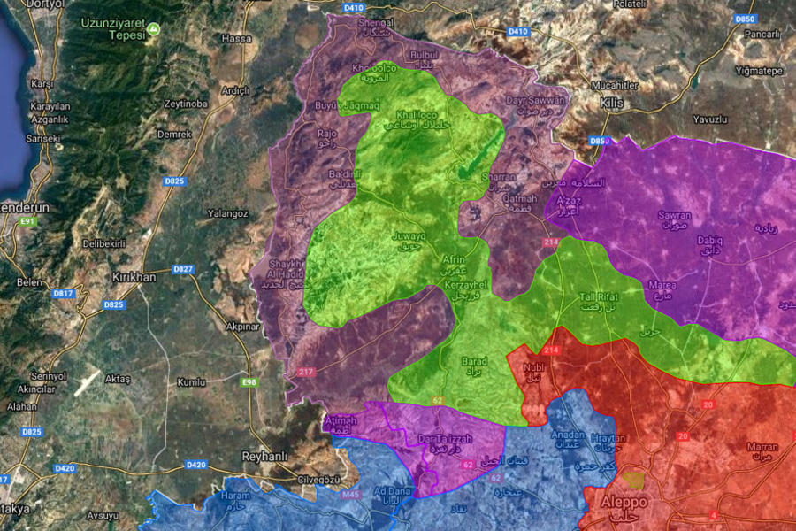 Provincia de Alepo - Afrín |  Marzo 16, 2018 – Situación bélica en el cantón de Afrín en medio de la invasión de Turquía y sus agentes en Siria - (Mapa: Centro de Información Militar | Siria). 
