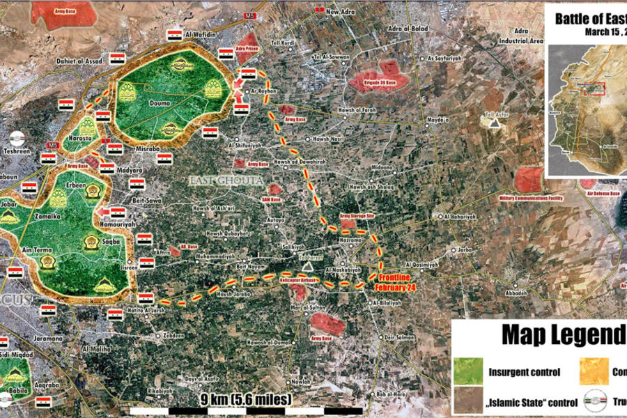 Provincia de Damasco |  Marzo 15, 2018 – Situación en el cantón terrorista de Ghouta Oriental (Mapa: @PetoLucem). 