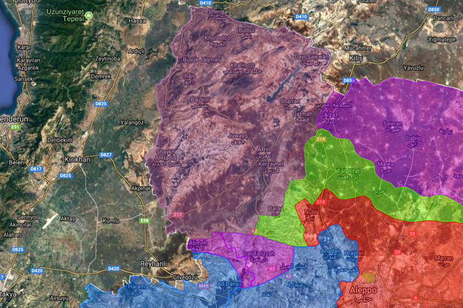 Provincia de Alepo - Afrín |  Marzo 23, 2018 – Situación bélica en el cantón de Afrín en medio de la invasión de Turquía y sus agentes en Siria - (Mapa: Centro de Información Militar | Siria). 