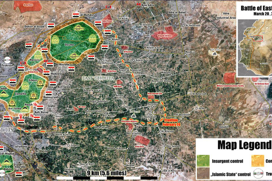 Provincia de Damasco |  Marzo 20, 2018 – Situación en el cantón terrorista de Ghouta Oriental (Mapa: @PetoLucem). 