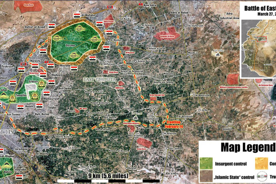 Provincia de Damasco |  Marzo 27, 2018 – Situación en el cantón terrorista de Ghouta Oriental (Mapa: @PetoLucem). 