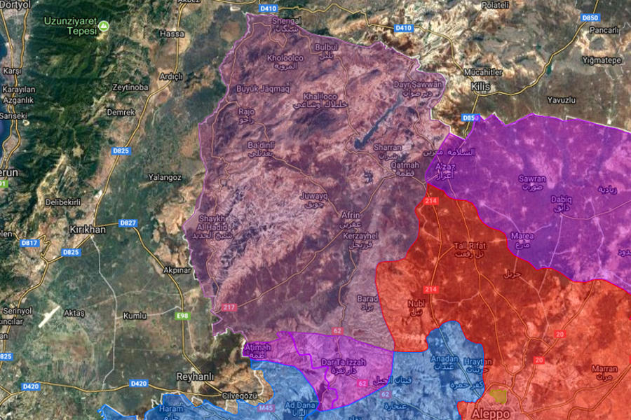 Provincia de Alepo - Afrín |  Abril 6, 2018 – Situación en Afrín y Tal Rifaat tras la invasión de Turquía y sus agentes en Siria - (Mapa: Centro de Información Militar | Siria). 