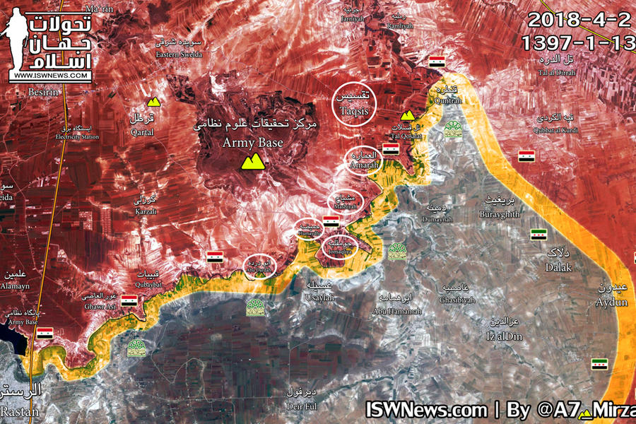Provincias de Homs y Hama |  Abril 2, 2018 – Avance del EAS en el cantón del norte de Homs, tomando Taqsis y 5 localidades del sur de Hama (Mapa: ISWN / @A7_Mirza). 