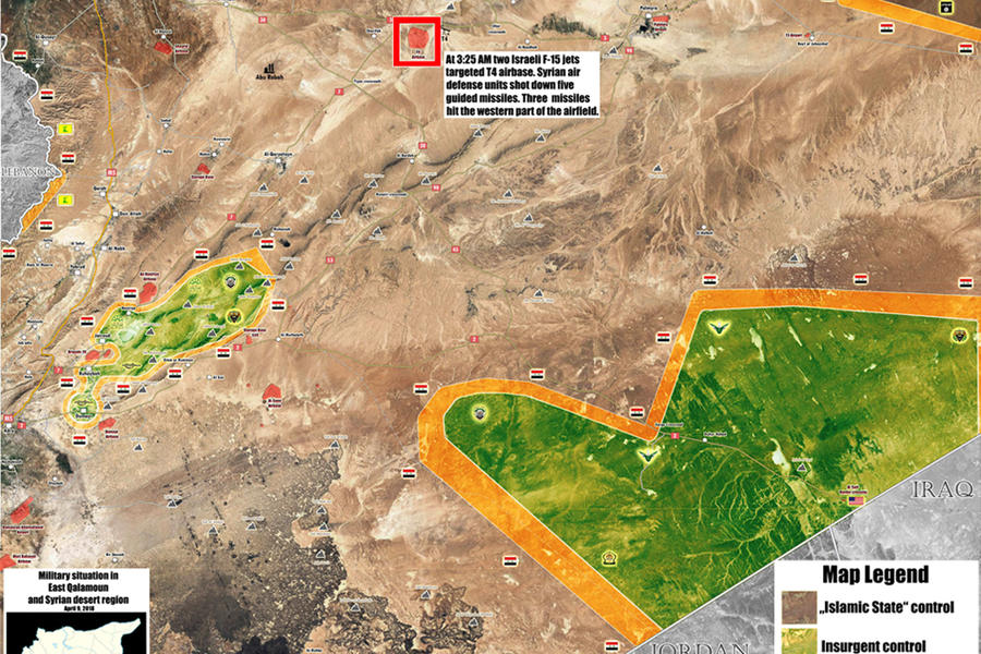 Provincia de Homs | Abril 9, 2018 – Ubicación de la base T4 atacada por el régimen de Israel (Mapa: @PetoLucem). 