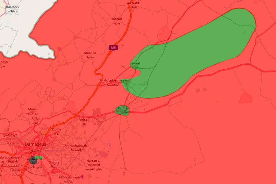 Provincia de Damasco |  Abril 13, 2018 – Ubicación de cantones terroristas remanentes alrededor de la capital siria: Qalamoun Oriental, Dumayr y Yarmouk (Mapa: SCWMap). 
