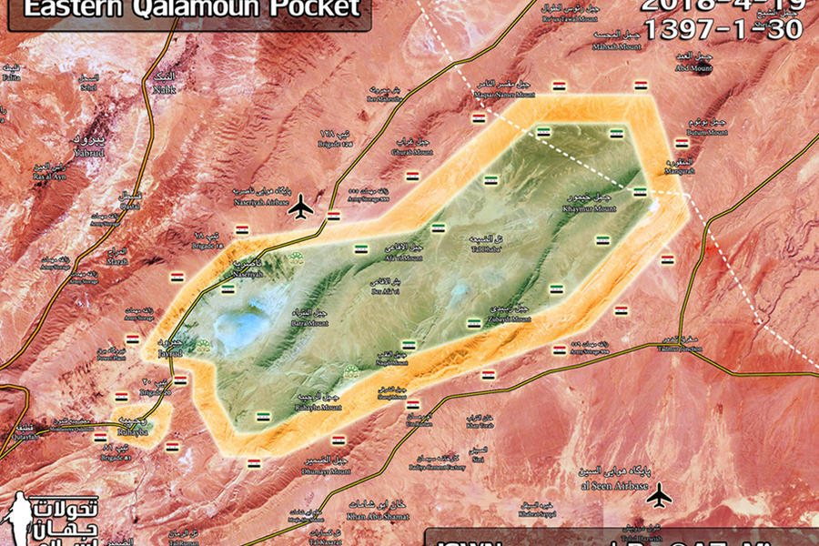 Provincia de Damasco | Abril 19, 2018 – Cantón de Qalamoun Oriental y cerco a Ruhaybah - (Mapa: ISWN). 