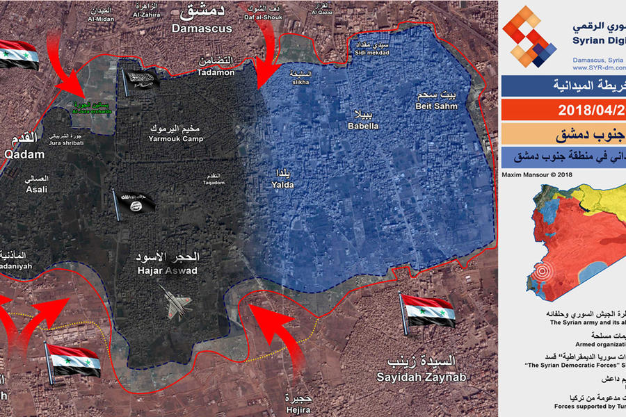 Provincia de Damasco | Abril 26, 2018 – Cantón Sur (Yarmouk) - (Mapa: Medios Digitales Sirios). 