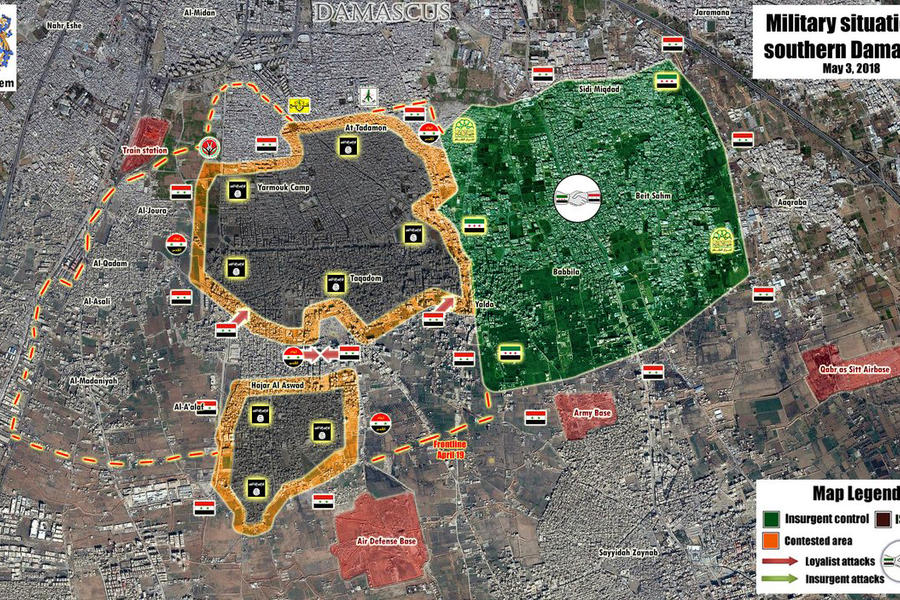 Provincia de Damasco | Mayo 3, 2018 – Cantón Sur (Yarmouk) - (Mapa @PetoLucem). 