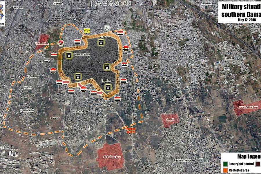 Damasco | Mayo 12, 2018 – Situación en el cantón Sur (Yarmouk) - (Mapa @PetoLucem). 