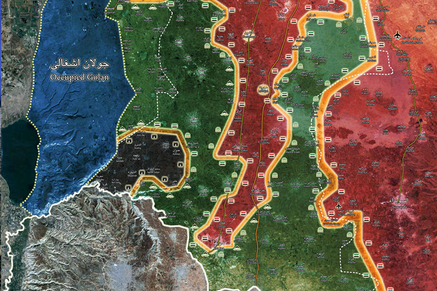 Sur de Siria | Mayo 23, 2018 – Situación en las provincias de Daraa y Quneitra (en verde control terrorista FSA/Al Nusra, en negro control terrorista DAESH, en azul Golán Sirio (Quneitra) ocupado por el sionismo).