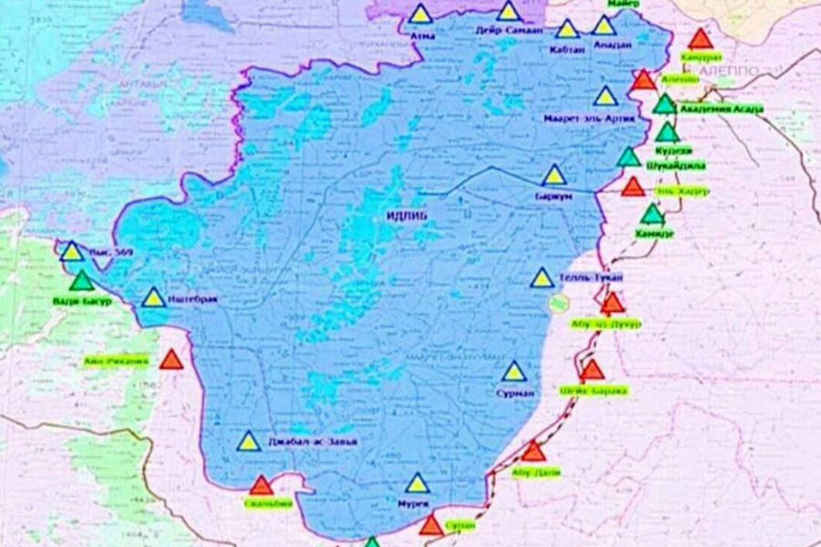 Provincia de Idleb | Mayo 23, 2018 – Ubicación de los puestos de observación de los garantes de Astana:  en rojo Rusia, en amarillo Turquía y en verde Irán (Mapa Estado Mayor | Rusia).