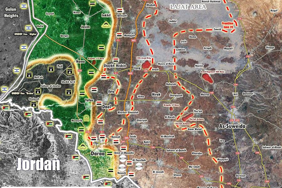 Frente Sur | Julio 6, 2018 – Provincia de Deraa, avance sirio en el sudeste provincial sobre Al Nusra y FSA (Mapa Peto Lucem)