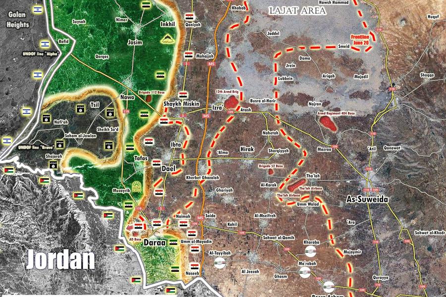 Frente Sur | Julio 9, 2018 – Provincia de Deraa, avance sirio en el sudeste provincial sobre Al Nusra y FSA (Mapa Peto Lucem)