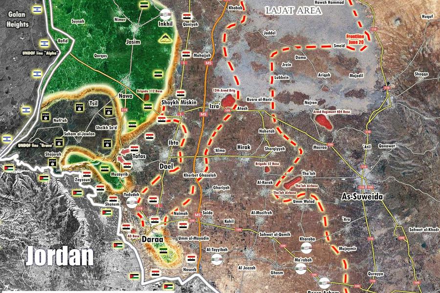 Frente Sur | Julio 12, 2018 – Provincia de Deraa, avance sirio en el sudeste provincial sobre Al Nusra y FSA (Mapa Peto Lucem)