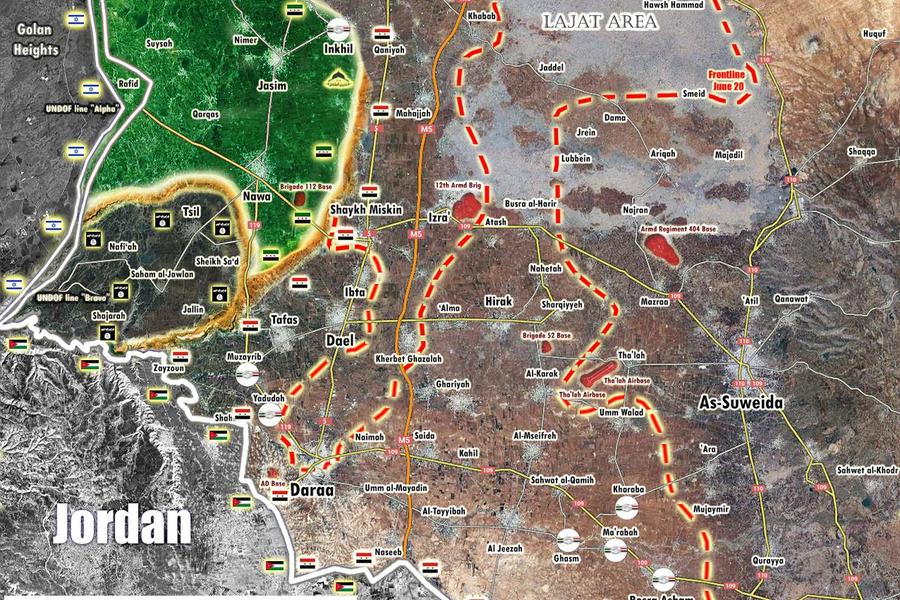 Frente Sur | Julio 13, 2018 – Provincia de Deraa, avance sirio en el sudeste provincial sobre Al Nusra y FSA (Mapa Peto Lucem)