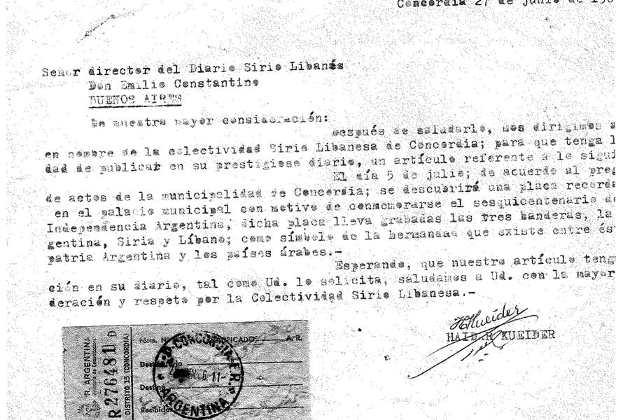 Notificación de Dn. Haidar Kueires al Diario Sirio Libanés - Junio 27, 1966