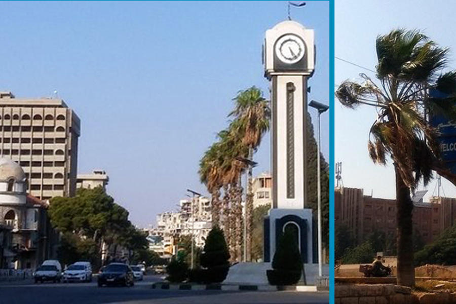 Izq.: Plaza del Reloj Nuevo y Avenida Shukri al Quwatli | Der.: Con la sencillez de una ciudad que ha visto y vivido mucho, Homs vuelve a dar la bienvenida a sus visitantes (Fotos: Pablo Sapag M.)