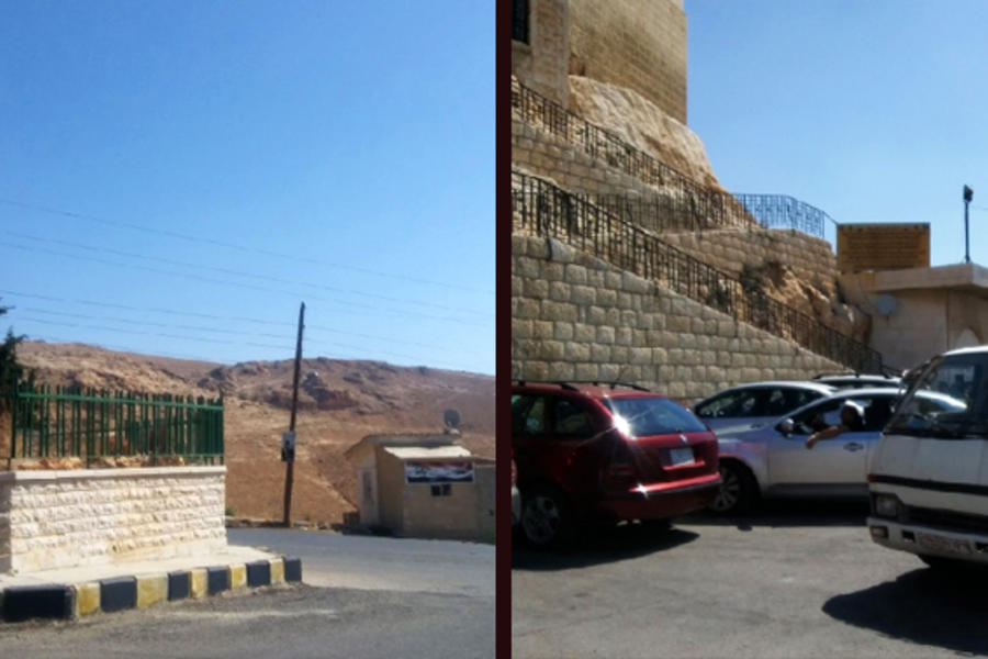 Izq.: Monumento a los defensores de la ciudad de Saidnaya. Al fondo las montañas de Qalamoun | Der.: Cada hora un “servis” comunica Damasco con Saidnaya (Fotos: Pablo Sapag M.)