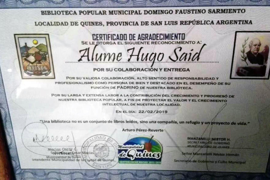 Diploma de Agradecimiento al Dr. Alume, padrino de la Biblioteca Popular Municipal Domingo Faustino Sarmiento